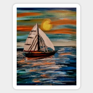 Sailing ship in the open ocean at sunset Sticker